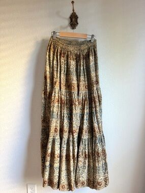 Double D Ranch Beige Maxi Skirt with Brown & Blue Print